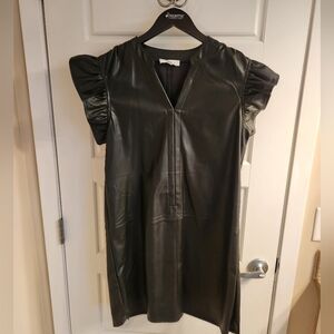 THML Black Faux Leather Shift Dress with Ruffle Sleeves